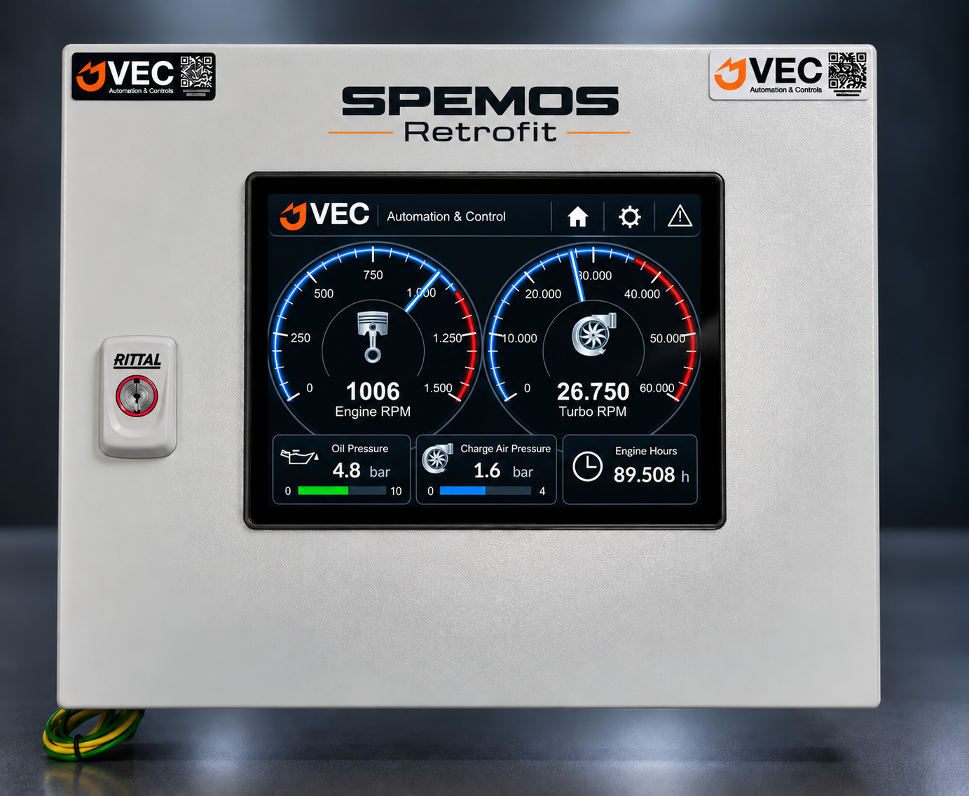 JVEC SPEMOS retrofit control panel with touchscreen engine monitoring